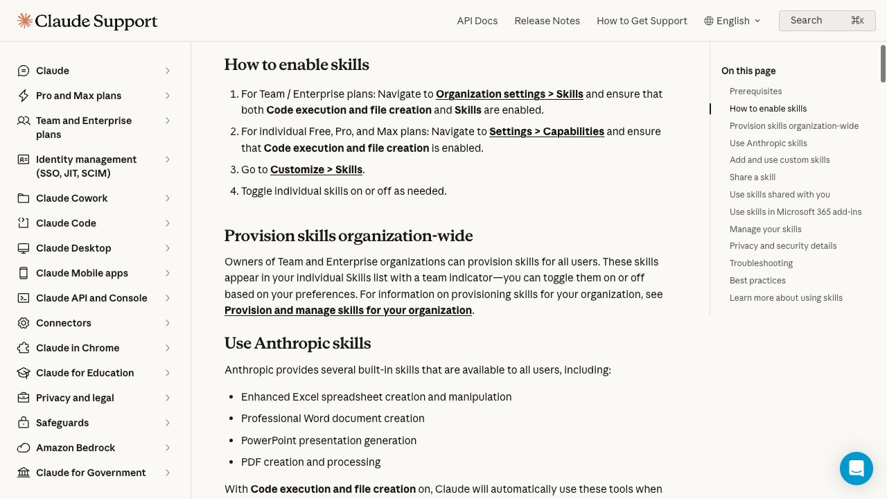 Claude公式ヘルプ内のSkillsを有効にする手順